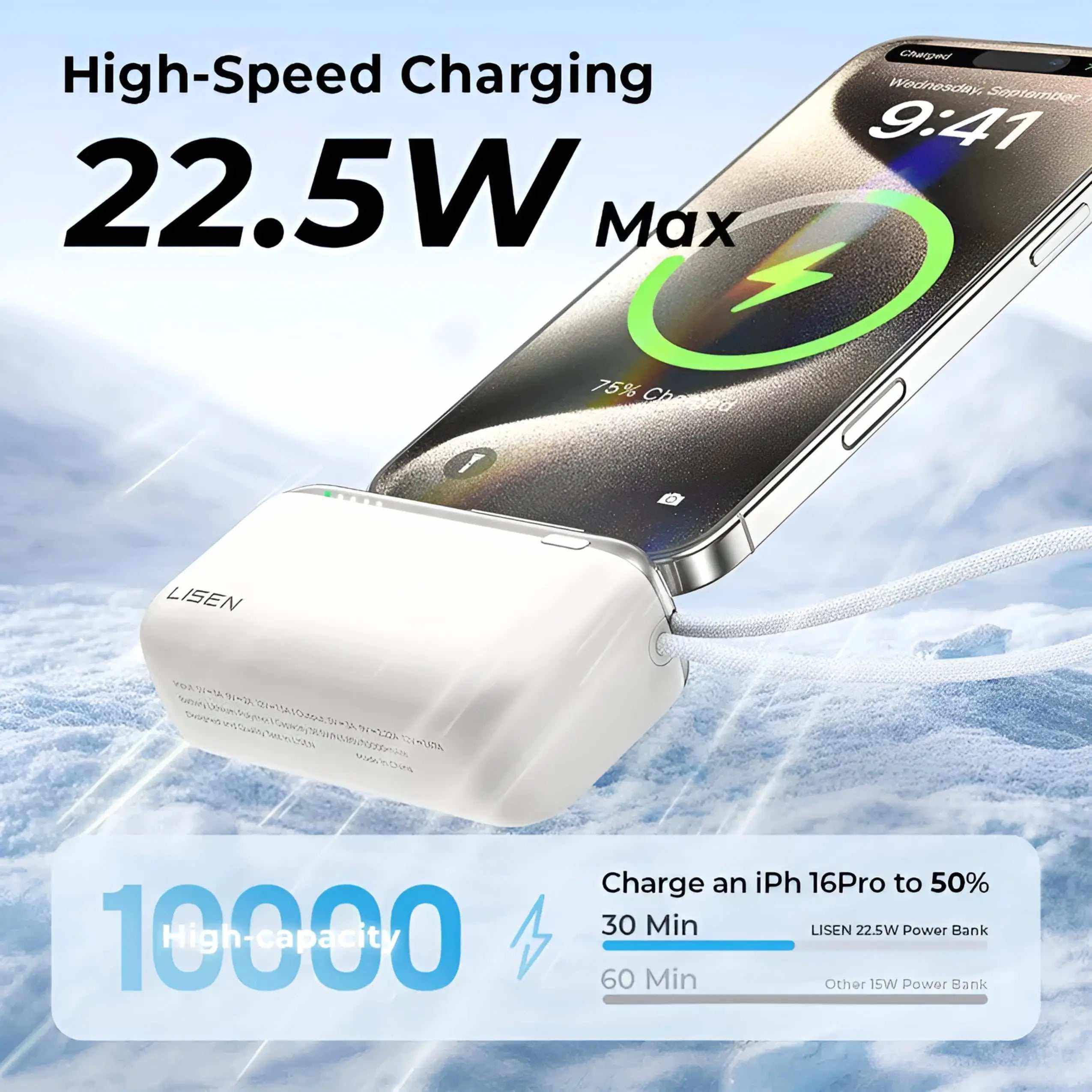 Portable power bank 10000mAh with built-in USB-C cable, fast 22.5W charging for iPhone 15/16 and USB-C devices