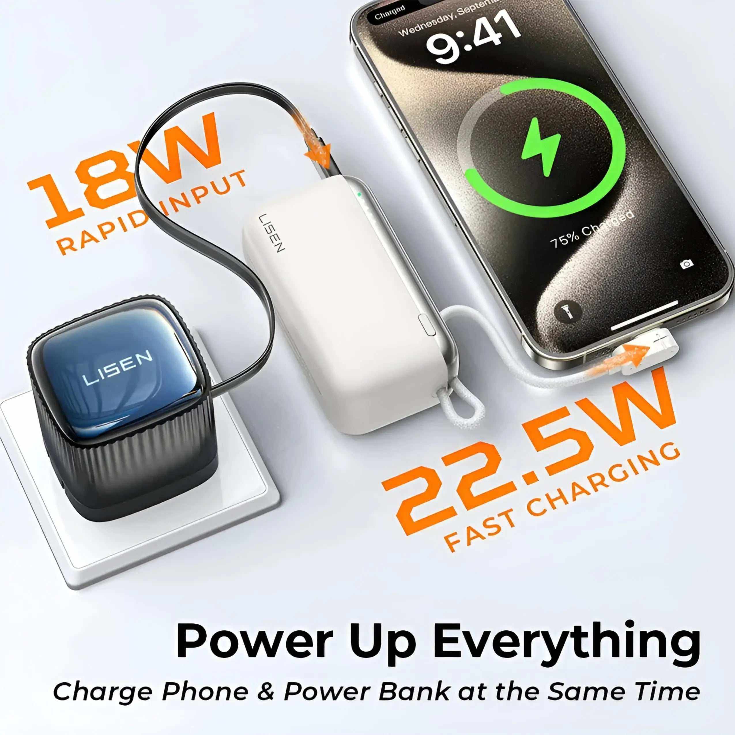 Portable Power Bank Lisen PowerPro Mini charging smartphone with built-in USB-C cable and fast 22.5W output