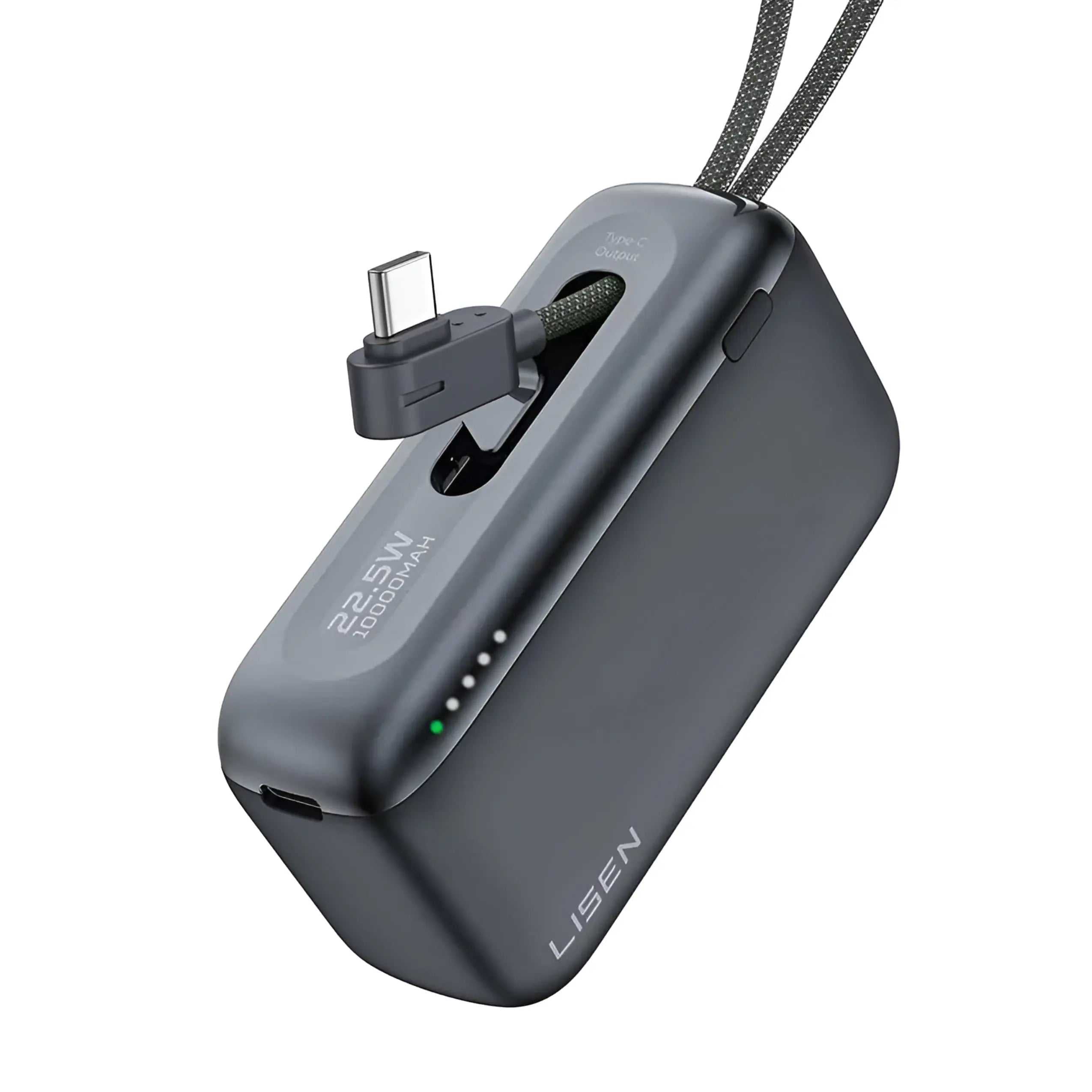 Compact Lisen PowerPro Mini portable power bank 10,000mAh with built-in USB-C cable and LED indicators