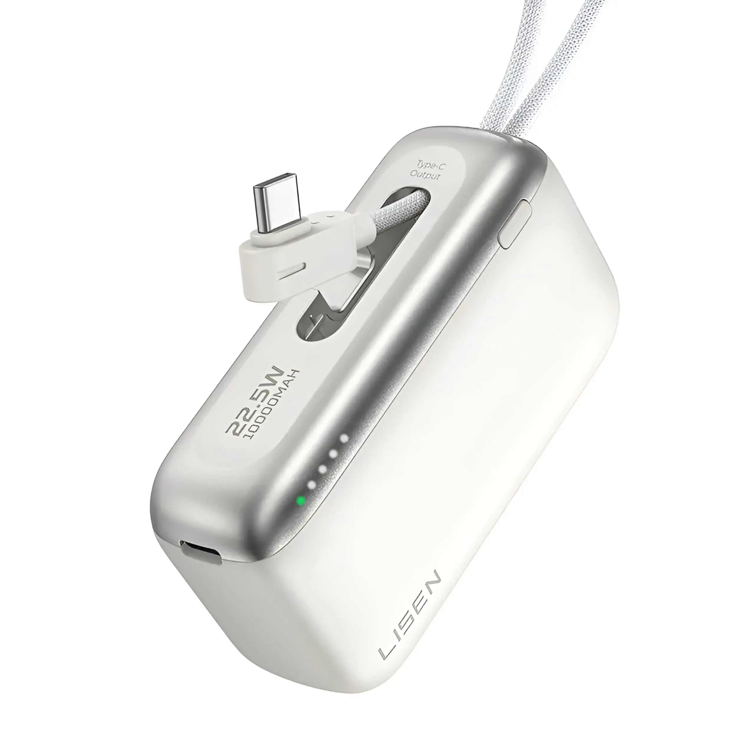 Lisen PowerPro Mini portable power bank 10,000mAh with built-in USB-C cable and LED indicator