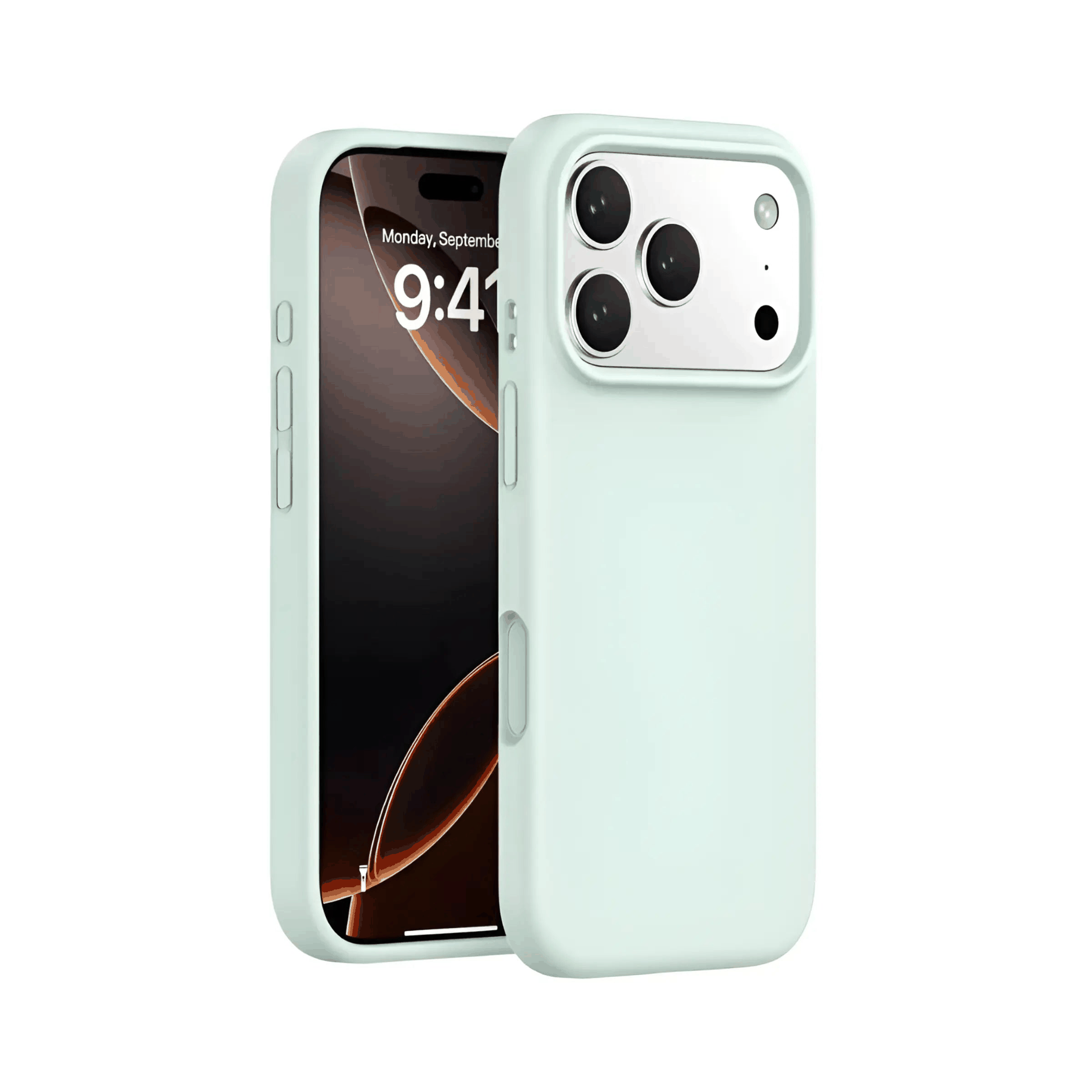 Silicone MagSafe case in light green with raised bezels and camera guard for iPhone protection
