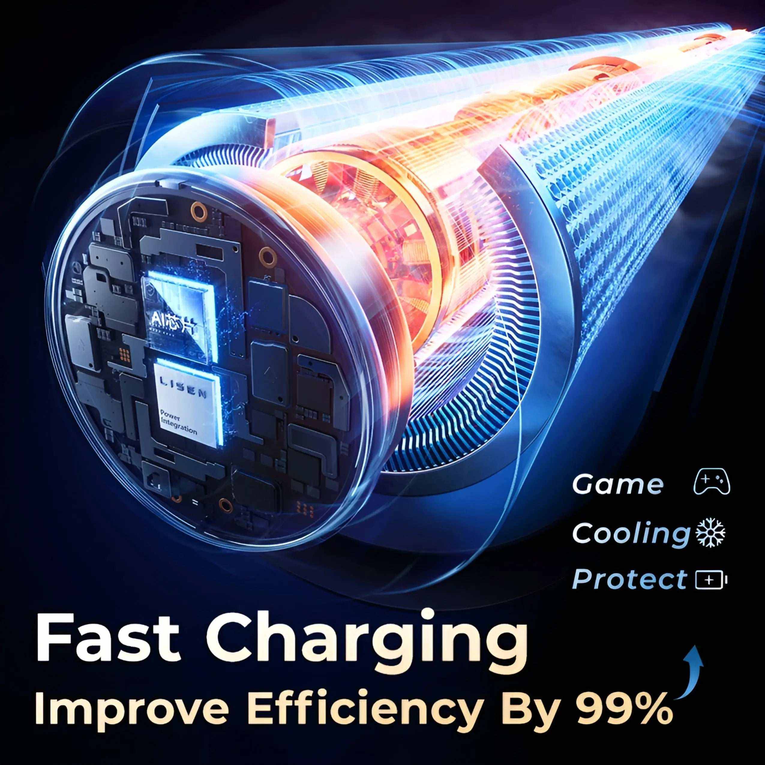 Transparent 3D view of MagSafe power bank internal components highlighting fast charging and cooling features