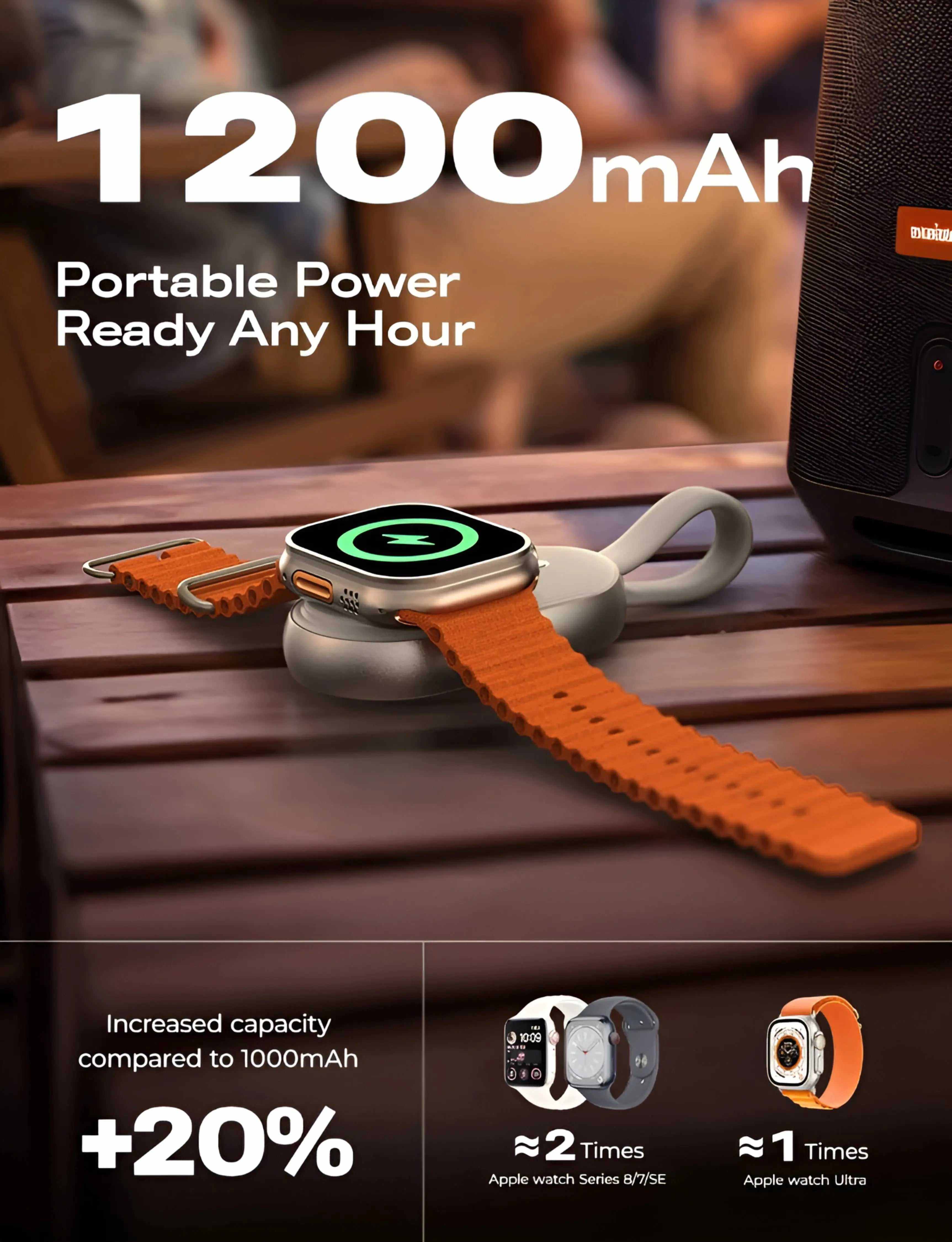 Apple Watch Power Bank Novoa WatchBank Pro with 1200mAh capacity and magnetic charging on wooden surface