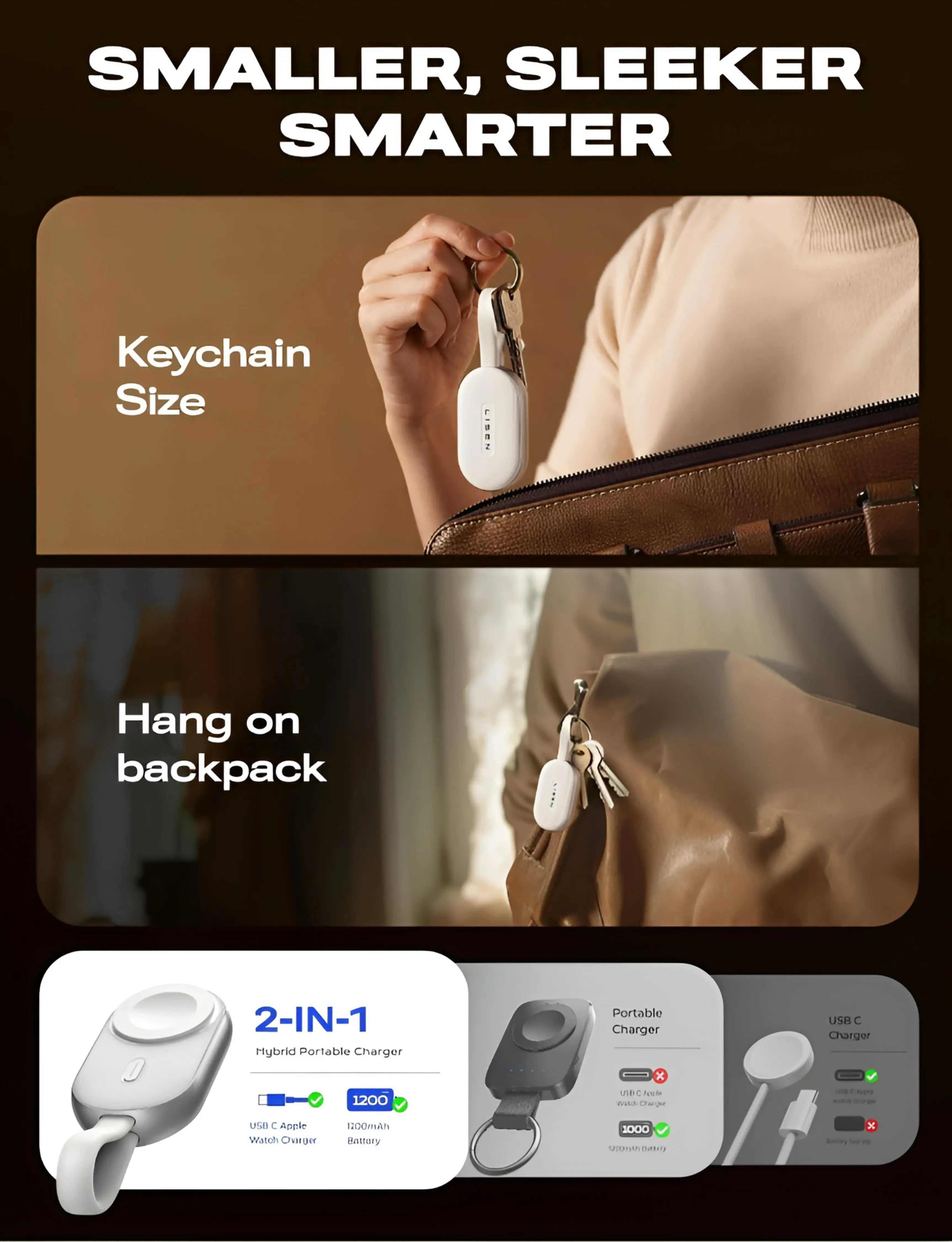 Apple Watch power bank Novoa WatchBank Pro compact keychain size hanging on backpack with magnetic charging and USB-C recharge