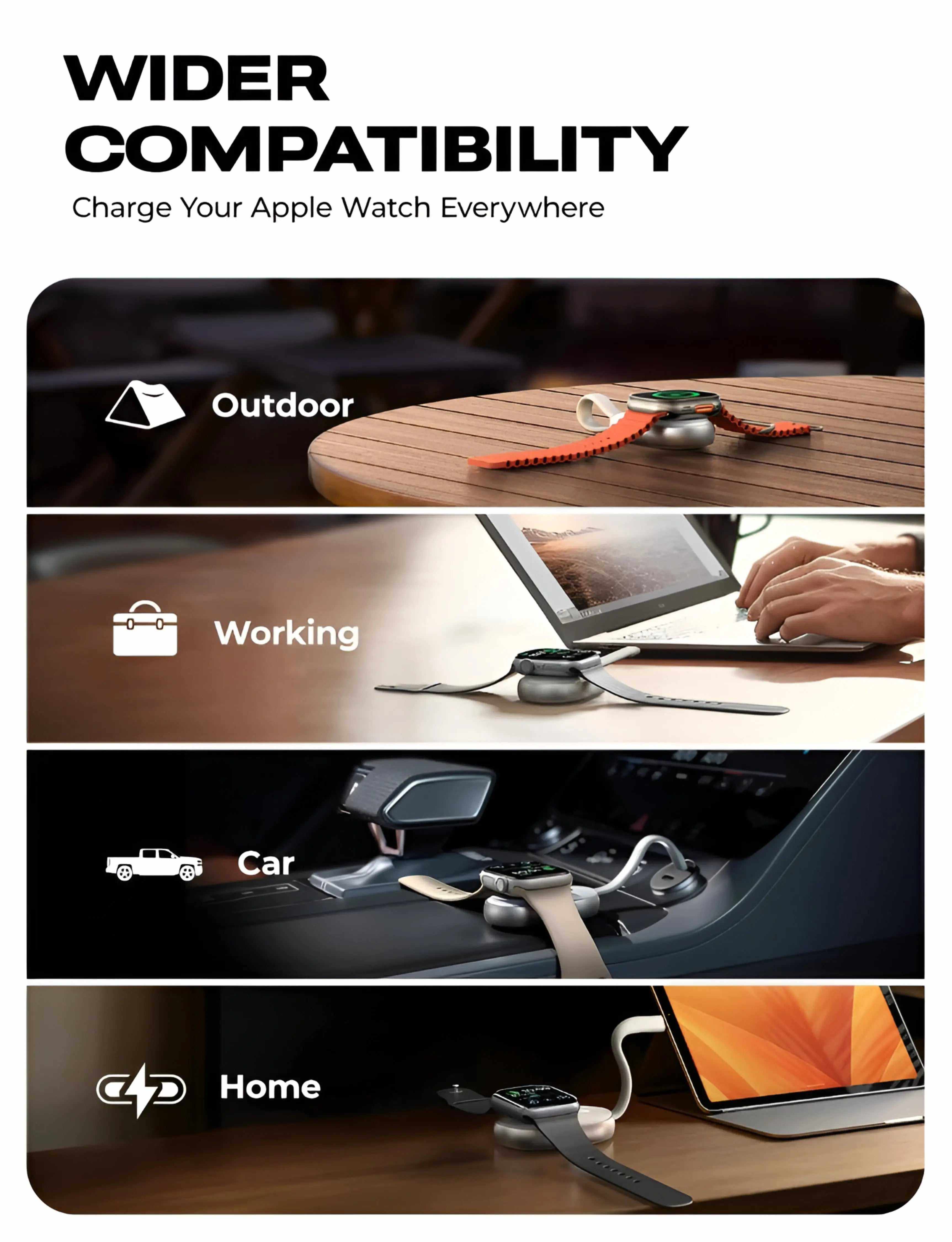 Apple Watch Power Bank Novoa WatchBank Pro with magnetic charging and USB-C compatibility for Series 3-9, SE, Ultra models in various settings