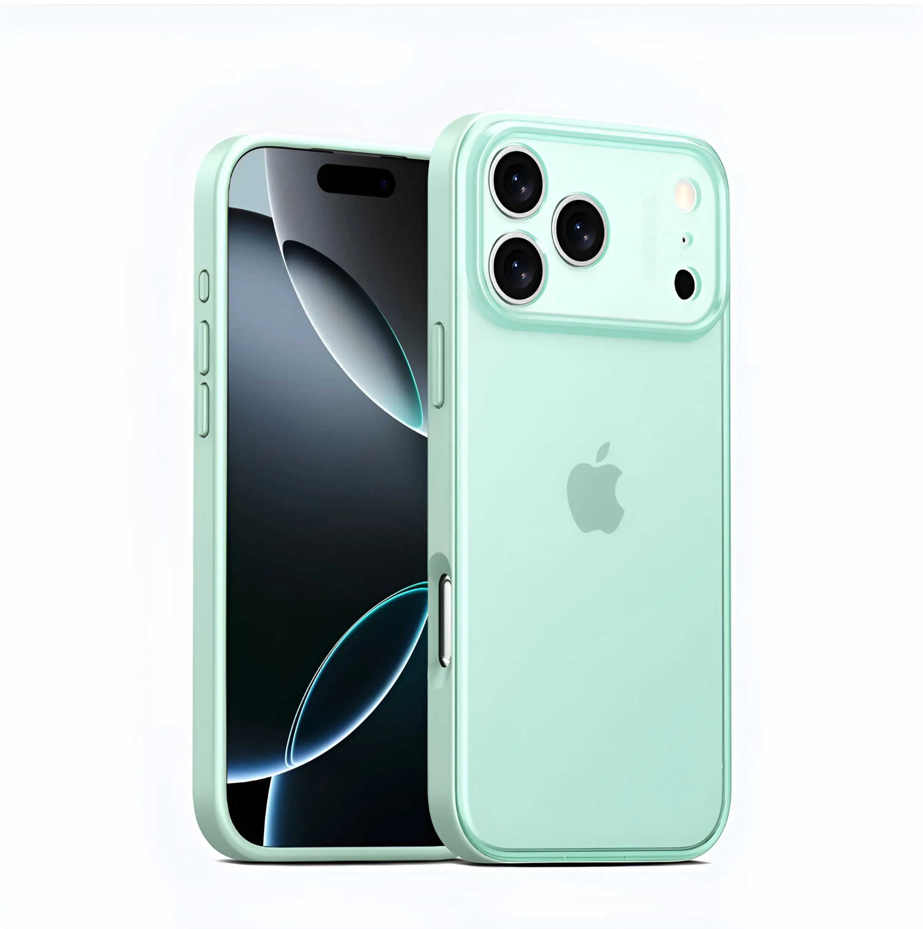 Mint green iPhone 17 silicone case with slim, protective design and precise cutouts for buttons and ports