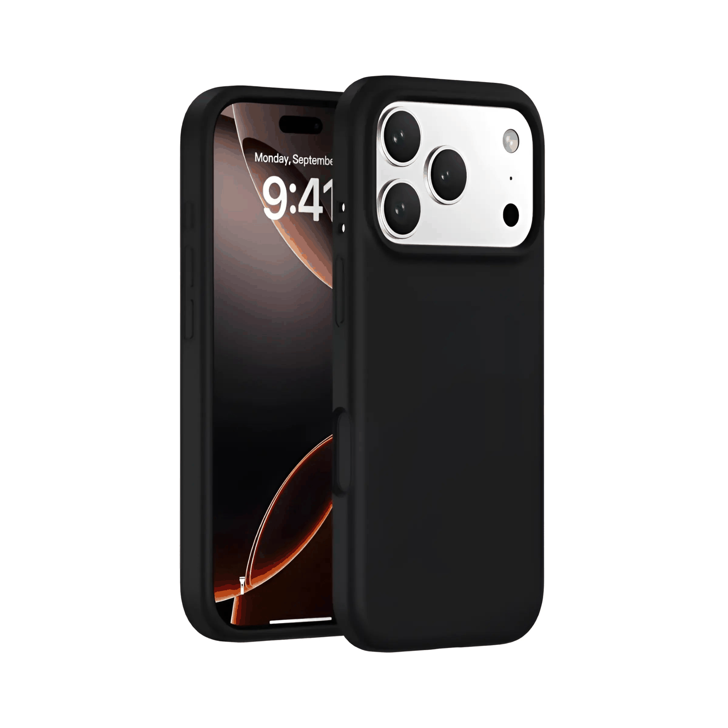 Black silicone MagSafe case with shock-absorbing corners and raised camera guard for iPhone protection