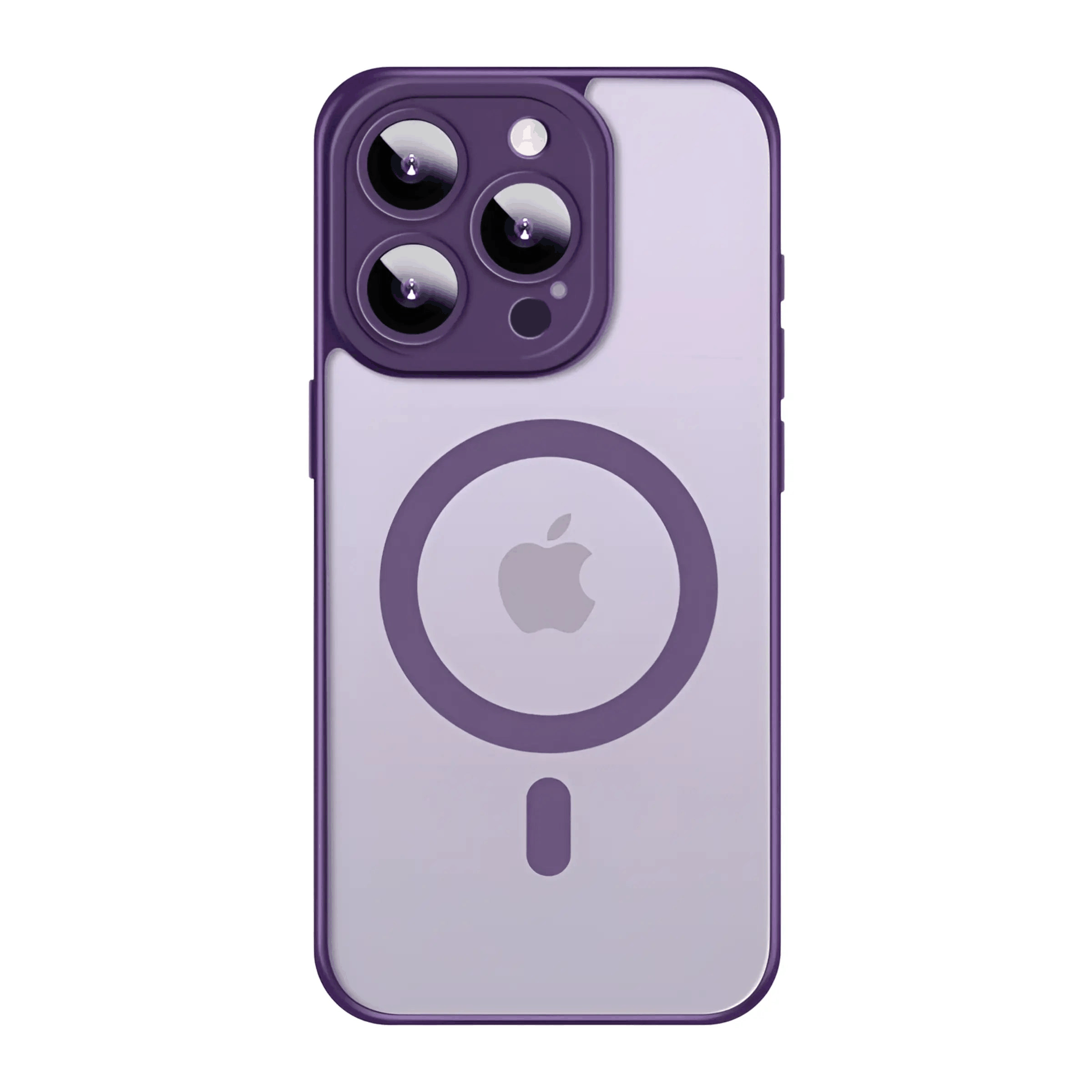 Purple Novoa Vision Guard Core MagSafe iPhone case with clear back and Apple logo visible