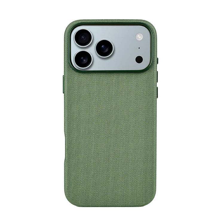 Green linen-textured iPhone 17 case with shock-absorbent frame