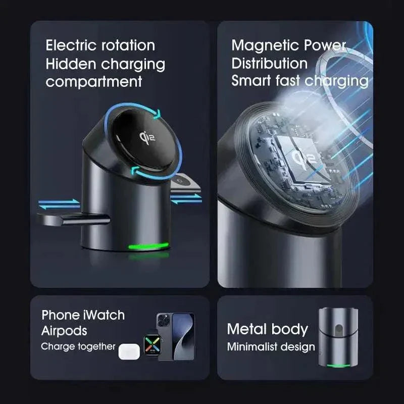 Novoa Vision Pro Max flagship 3-in-1 MagSafe charging dock with electric rotation, magnetic power distribution, and metal minimalist design for iPhone, Apple Watch, and AirPods charging