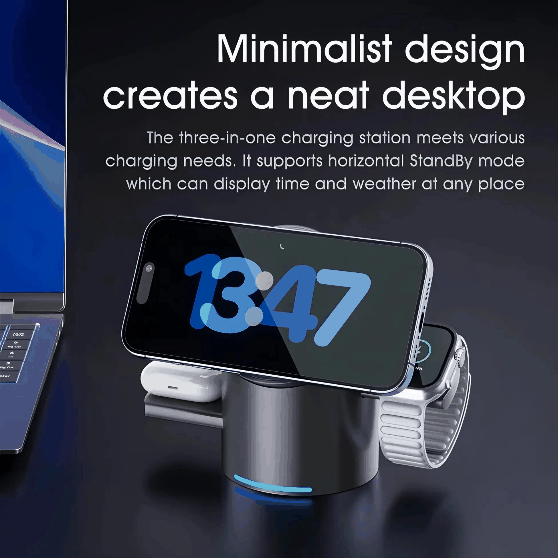 Flagship 3-in-1 MagSafe Charging Dock for iPhone, Apple Watch, and AirPods with minimalist design and fast charging.