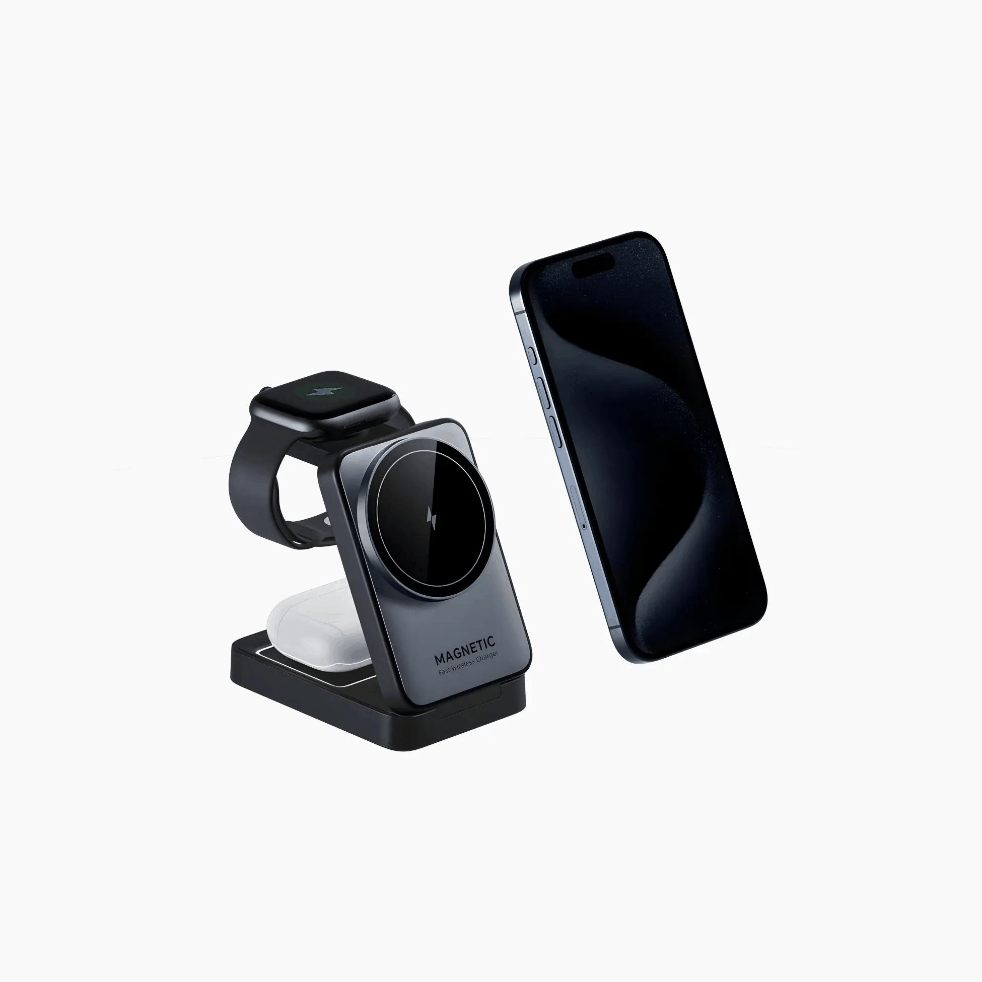 All-in-one MagSafe charging dock with wireless charging for iPhone, Apple Watch, and AirPods, sleek black design, portable and foldable multi-device charger.
