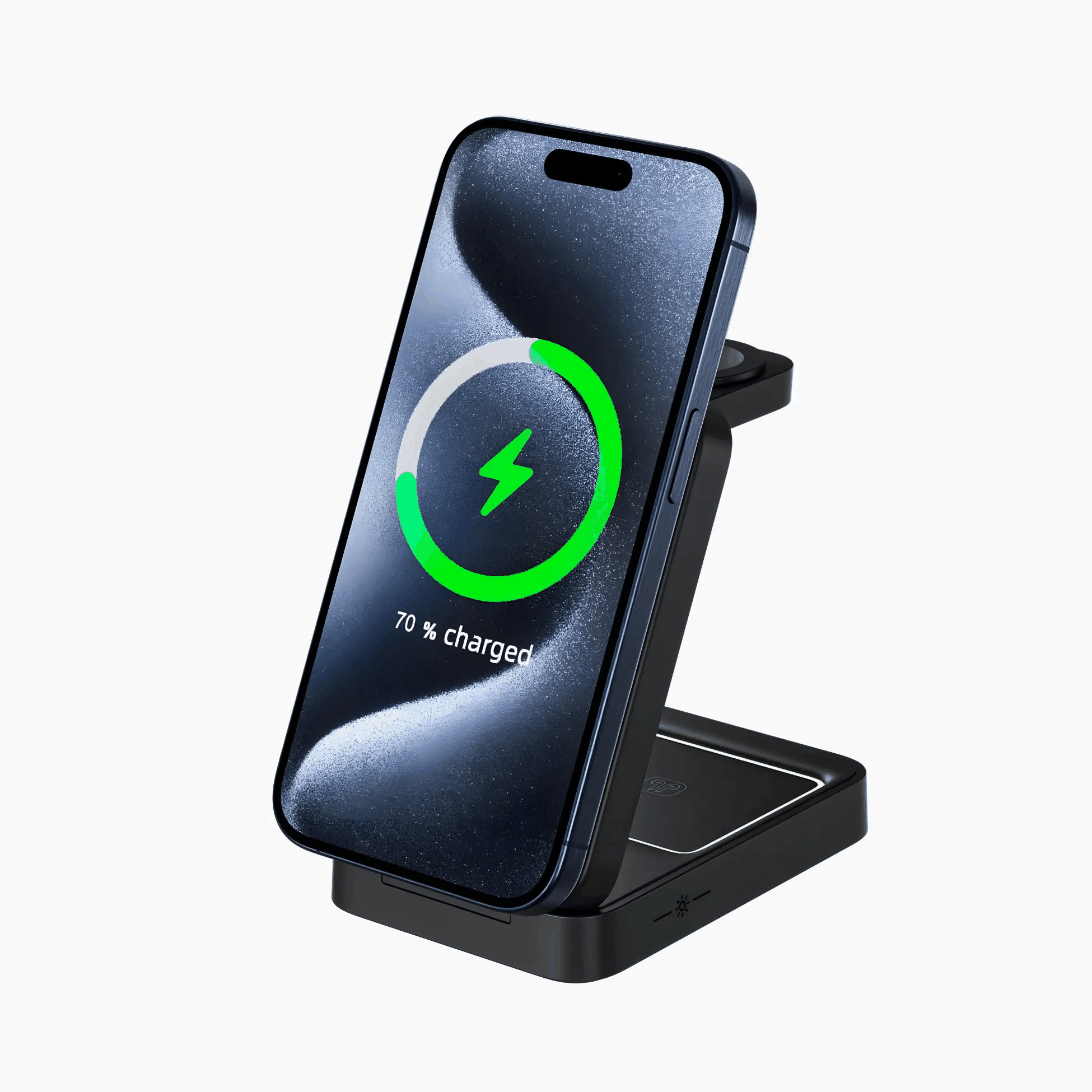 All-in-one MagSafe charging dock charging iPhone in portrait mode with black foldable design and LED indicator