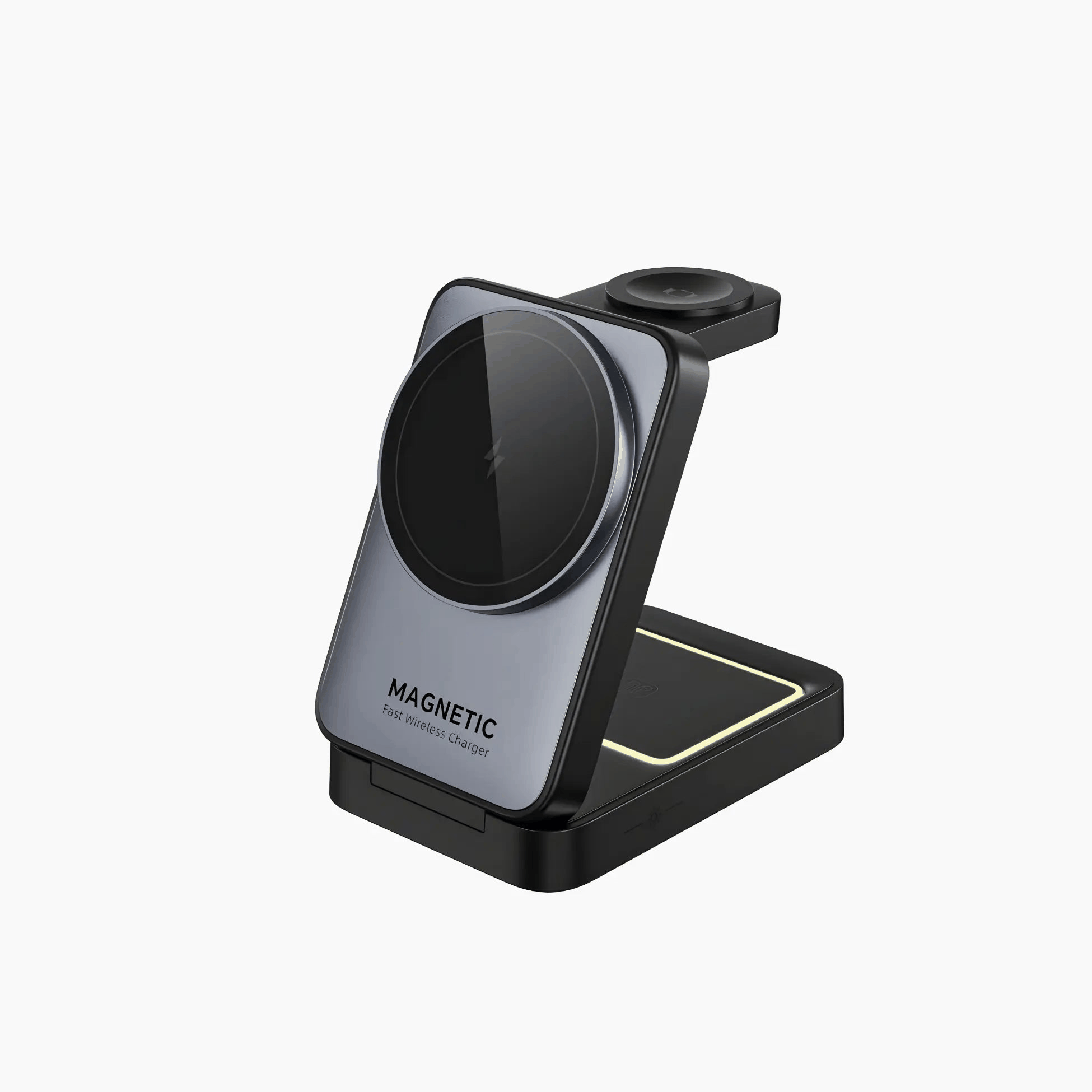 All-in-one MagSafe charging dock with 3-in-1 wireless charging for iPhone, Apple Watch, and AirPods, compact foldable design, and LED indicators.