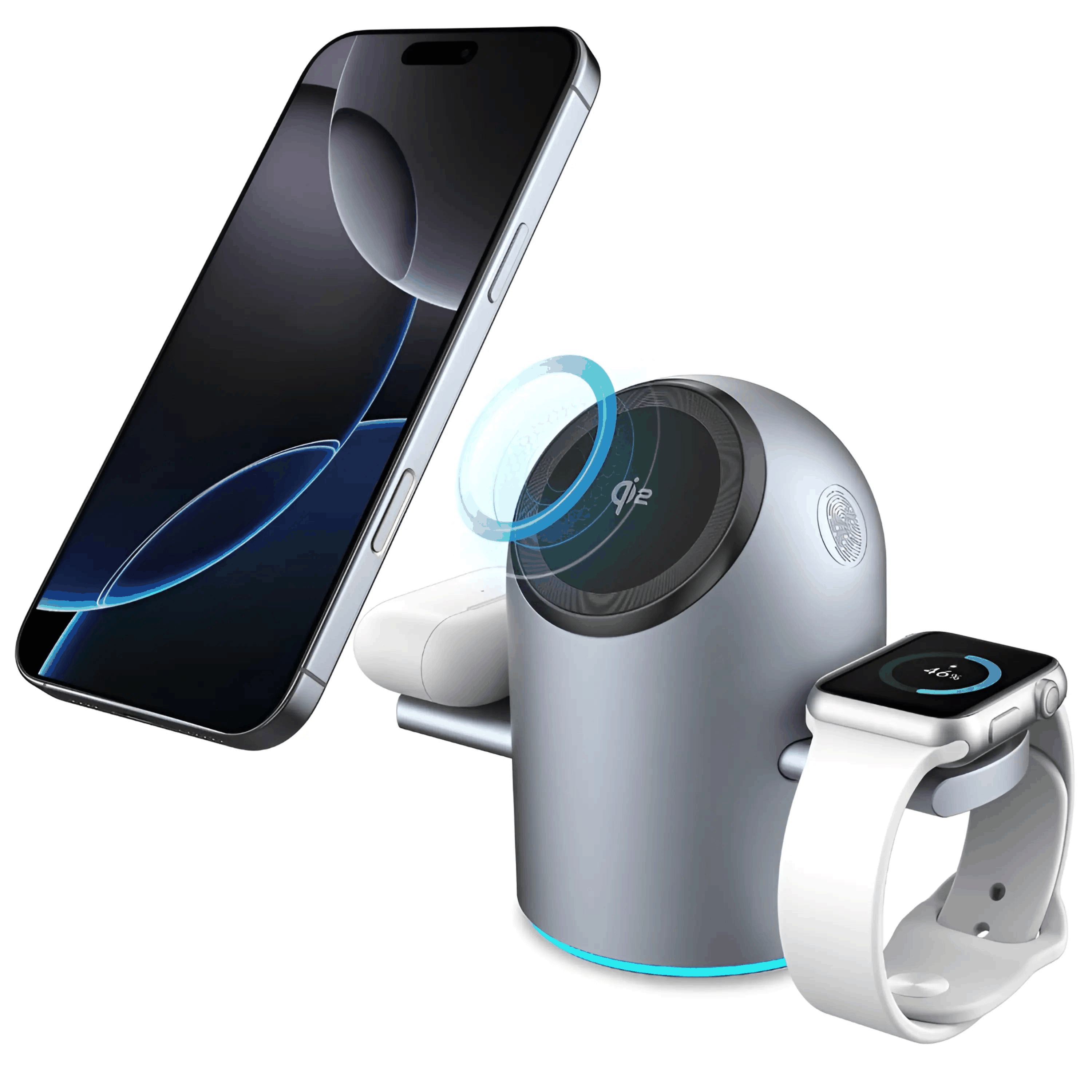 MagSafe 3-in-1 charging dock with iPhone, Apple Watch, and AirPods charging on a compact magnetic base