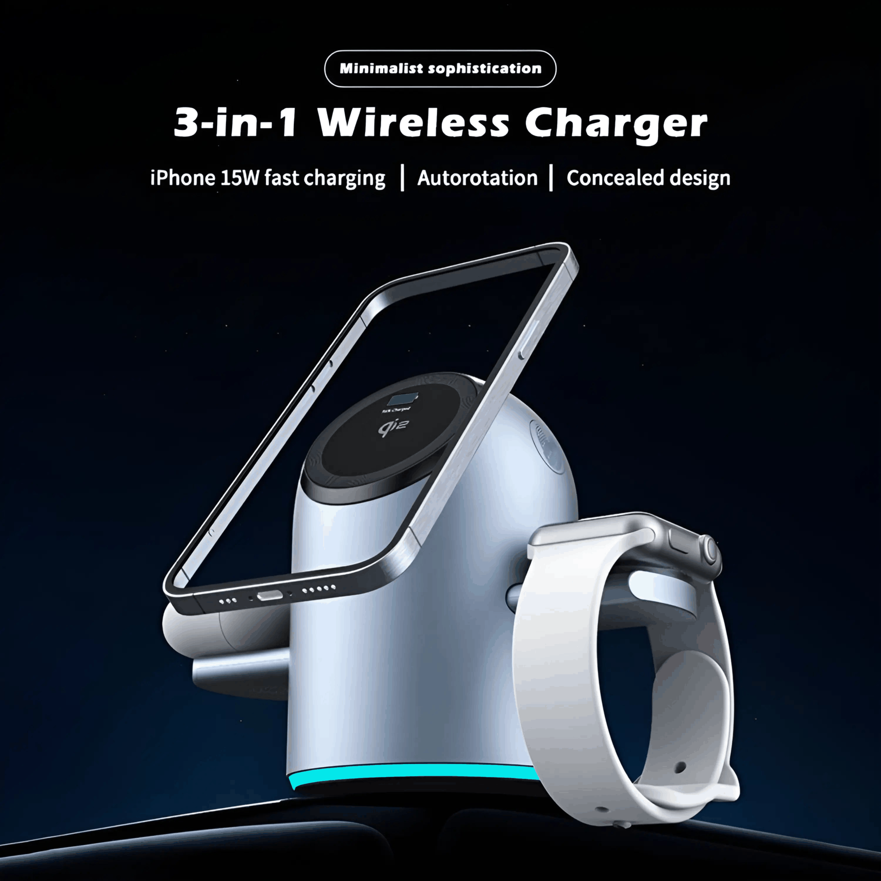 MagSafe 3-in-1 charging dock with 15W fast wireless charging for iPhone, Apple Watch holder, and wireless earbuds charging station with compact design.