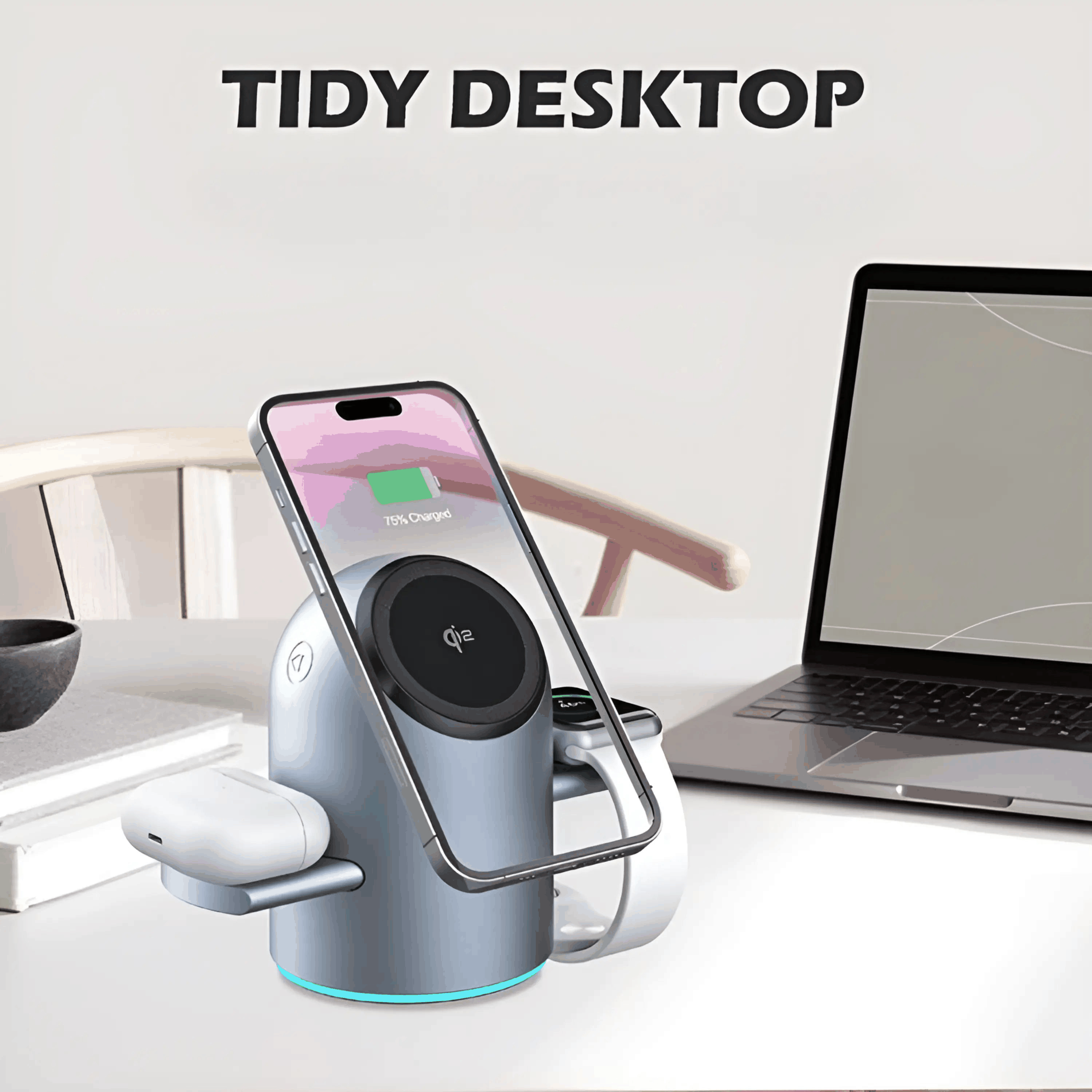 MagSafe 3-in-1 charging dock charging iPhone, Apple Watch, and AirPods on desk next to laptop