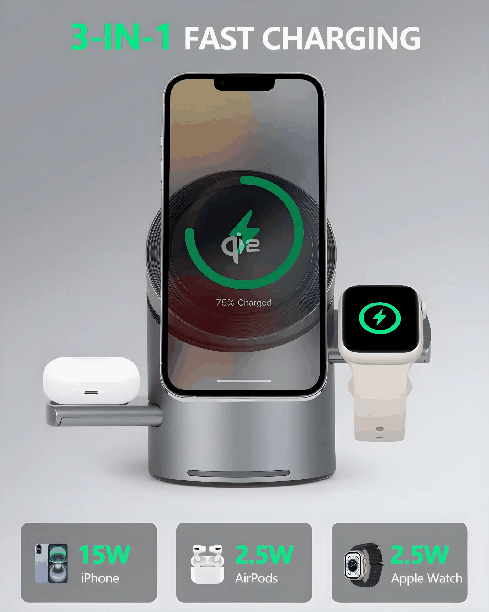 Flagship 3-in-1 MagSafe charging dock for iPhone, AirPods, and Apple Watch with 15W fast charging and sleek design