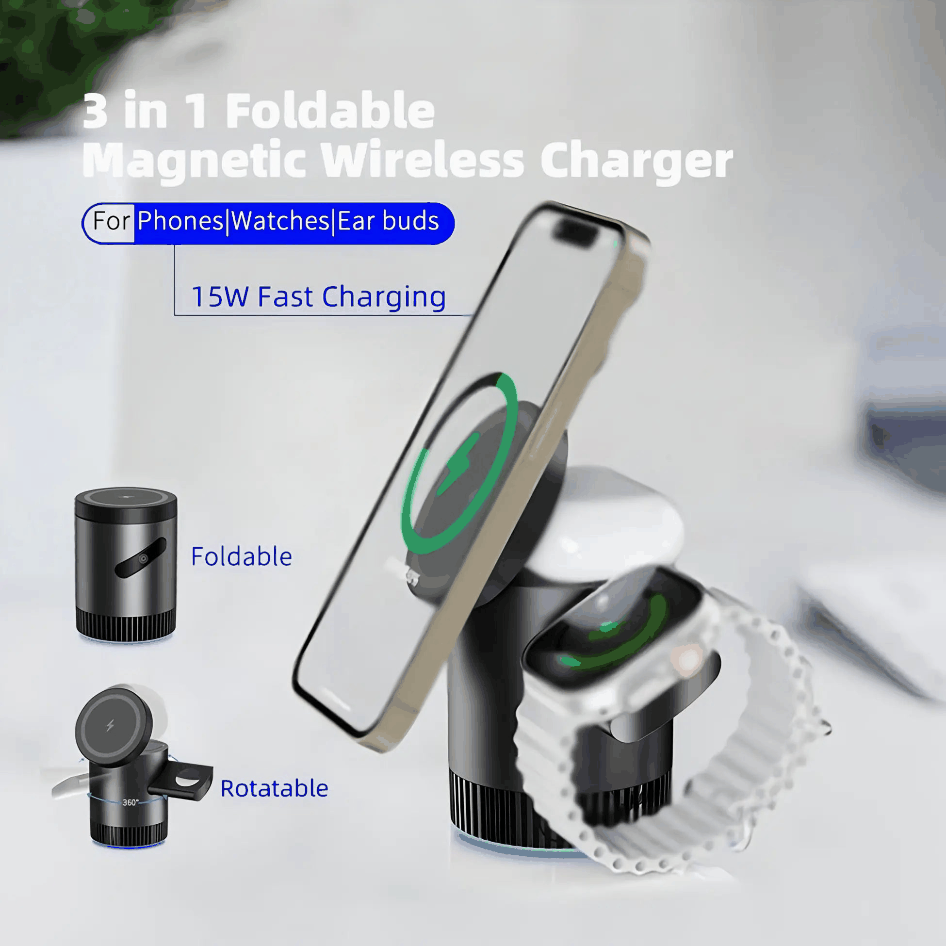 Compact 3-in-1 MagSafe charging dock charging iPhone, Apple Watch, and AirPods with foldable and rotatable design for fast 15W wireless charging
