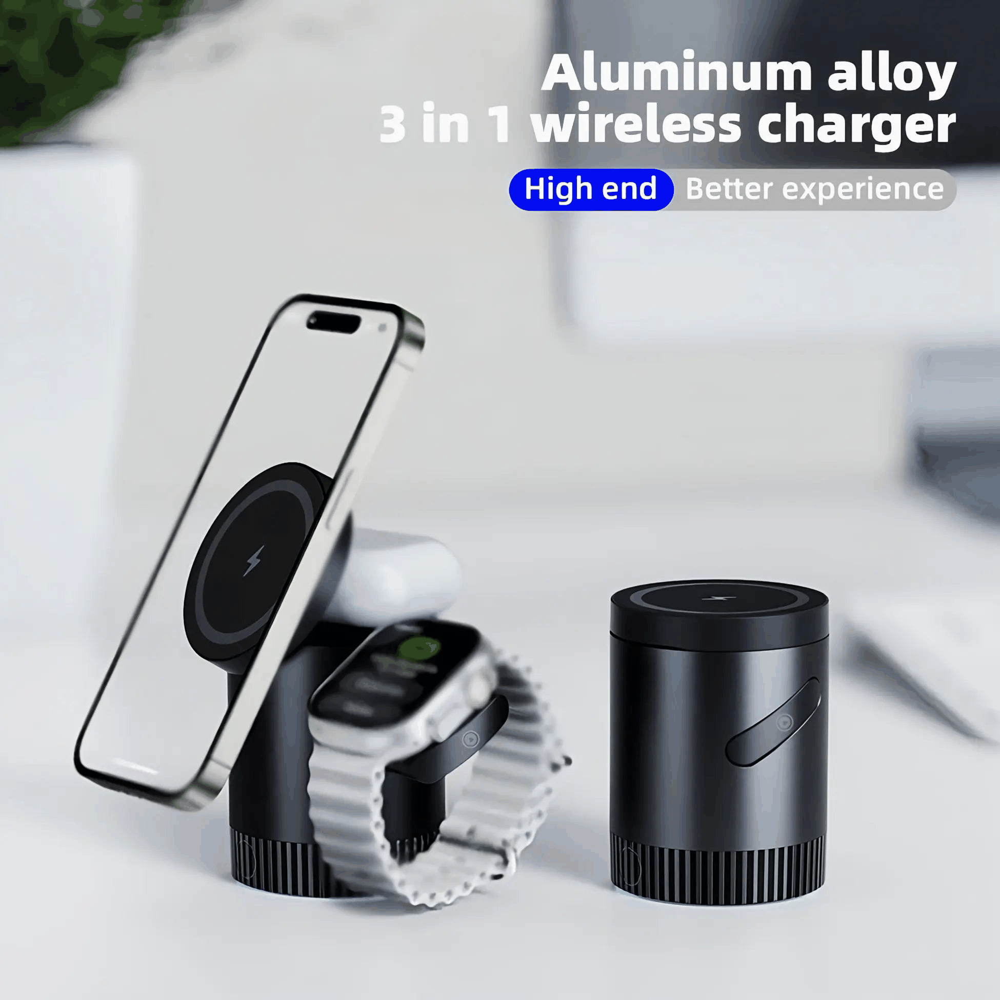 Compact 3-in-1 MagSafe charging dock in black aluminum alloy for iPhone, Apple Watch, and AirPods with 15W wireless charging and stable weighted base
