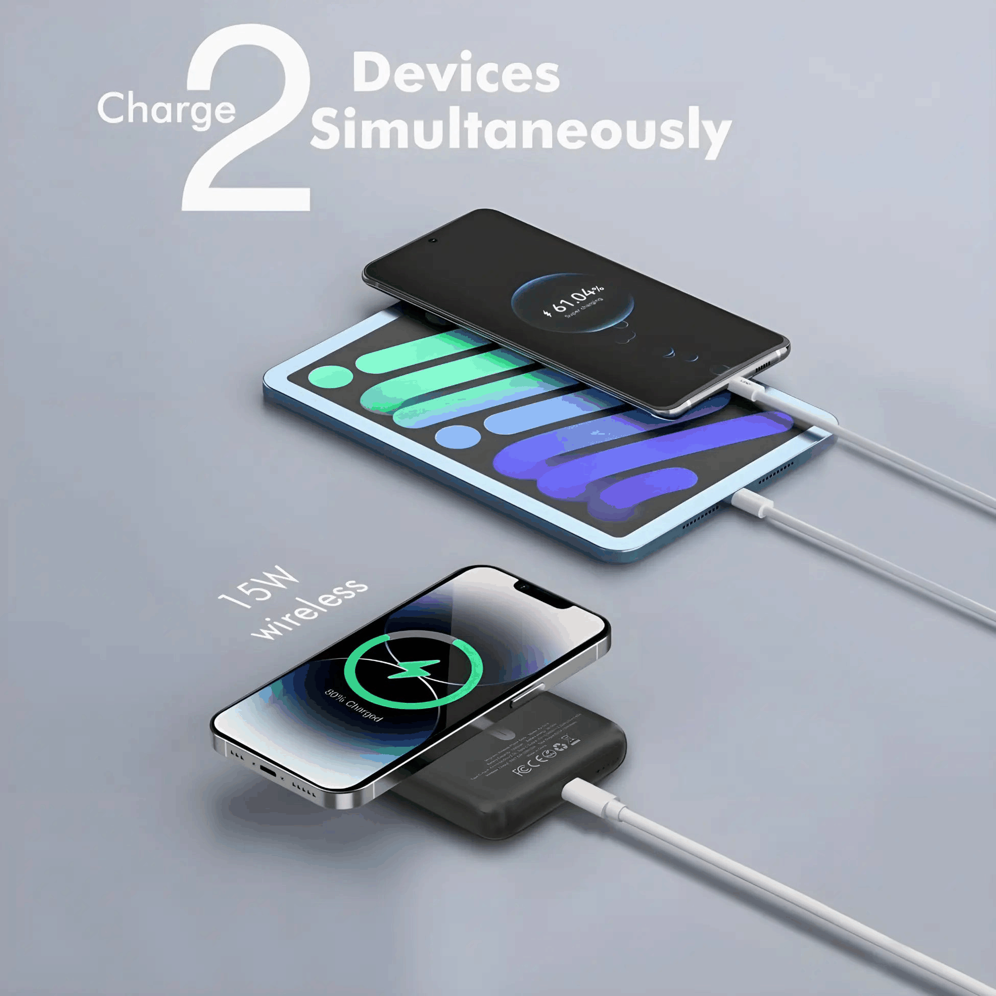 MagSafe power bank 10000mAh charging two devices simultaneously with 15W wireless and 20W USB-C PD outputs