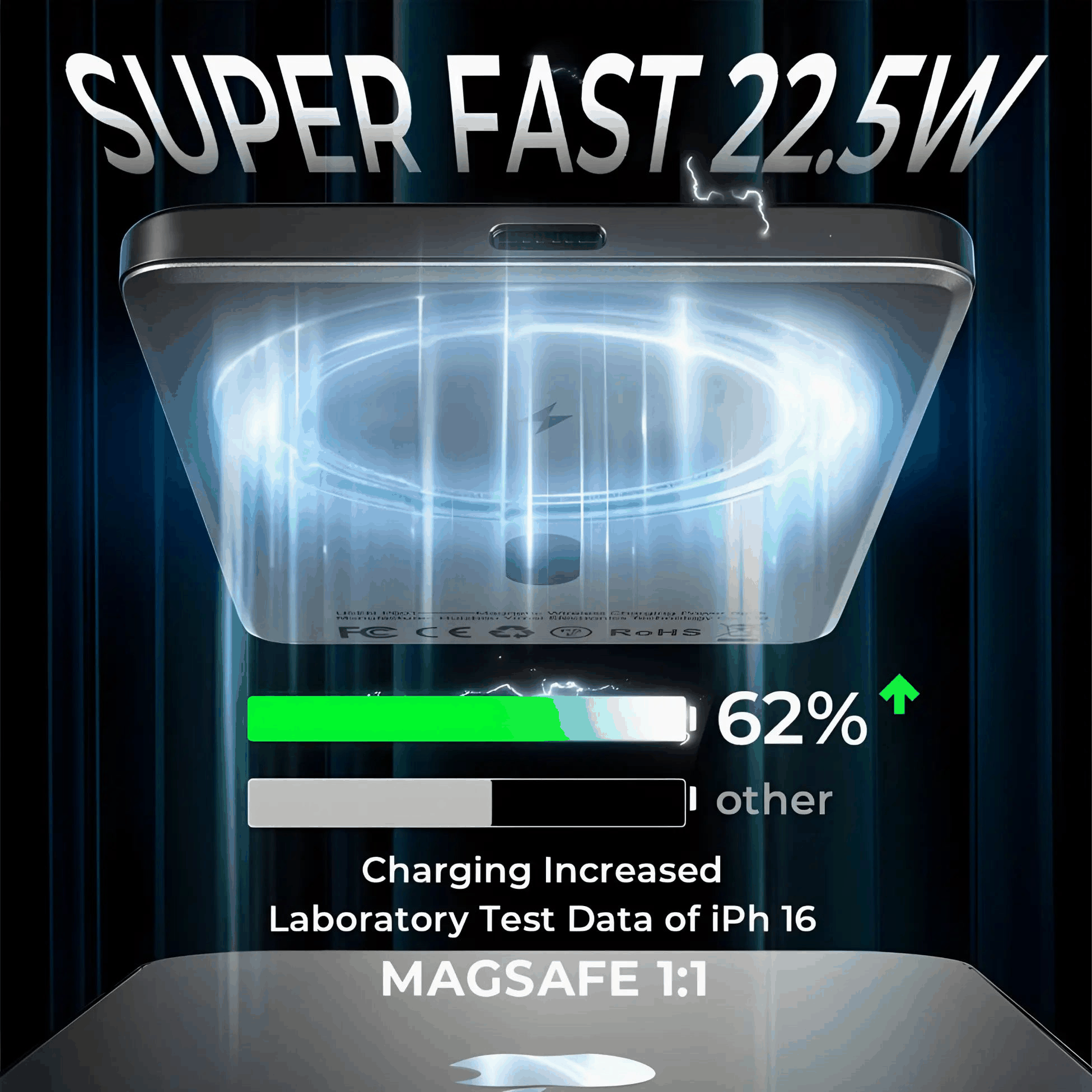 Lisen Snap Pro MagSafe battery bank showing 22.5W fast wireless charging and charging status on iPhone 16