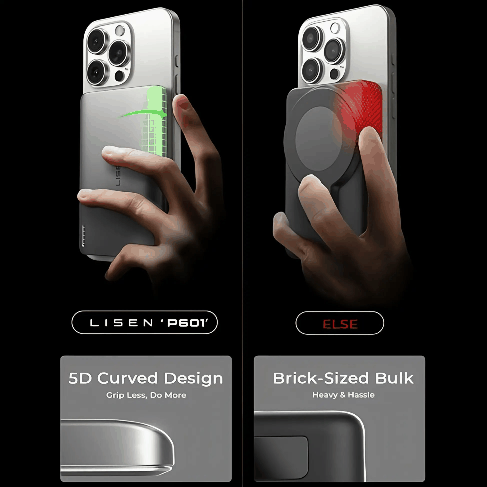 Lisen Snap Pro MagSafe battery bank with 5D curved design for iPhone, slim and lightweight wireless charger.