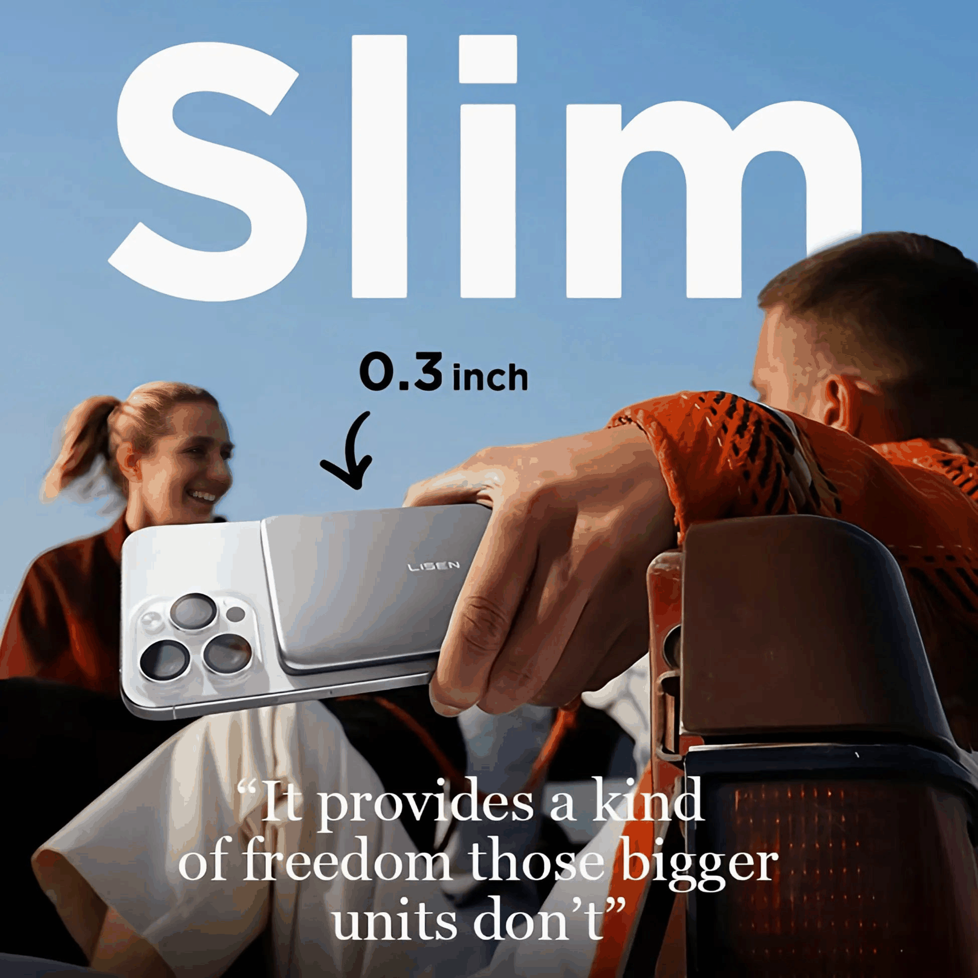 Lisen Snap Pro slim 0.3 inch MagSafe battery bank attached to iPhone with outdoor lifestyle background