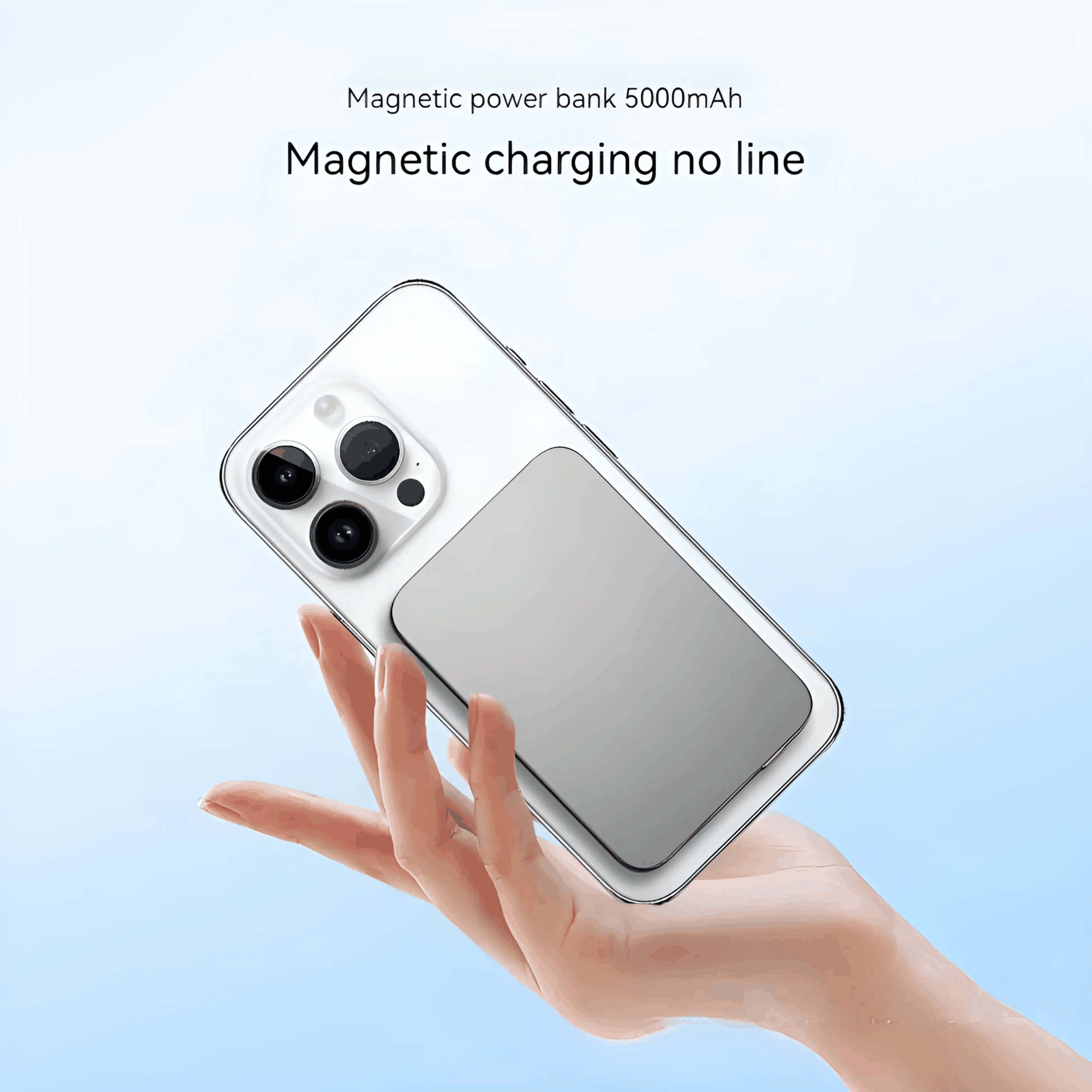 High-performance MagSafe battery bank attached to iPhone for wireless charging without cables