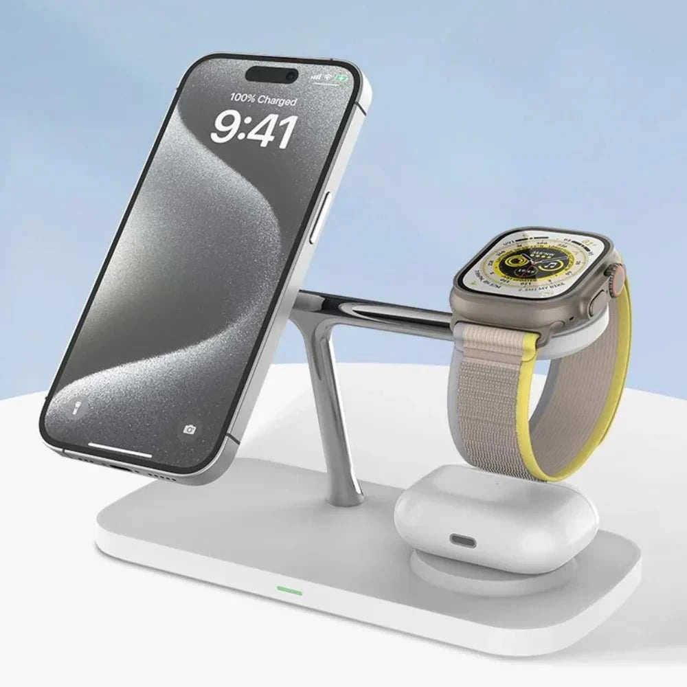 Workspace scene featuring the 3-in-1 charging dock