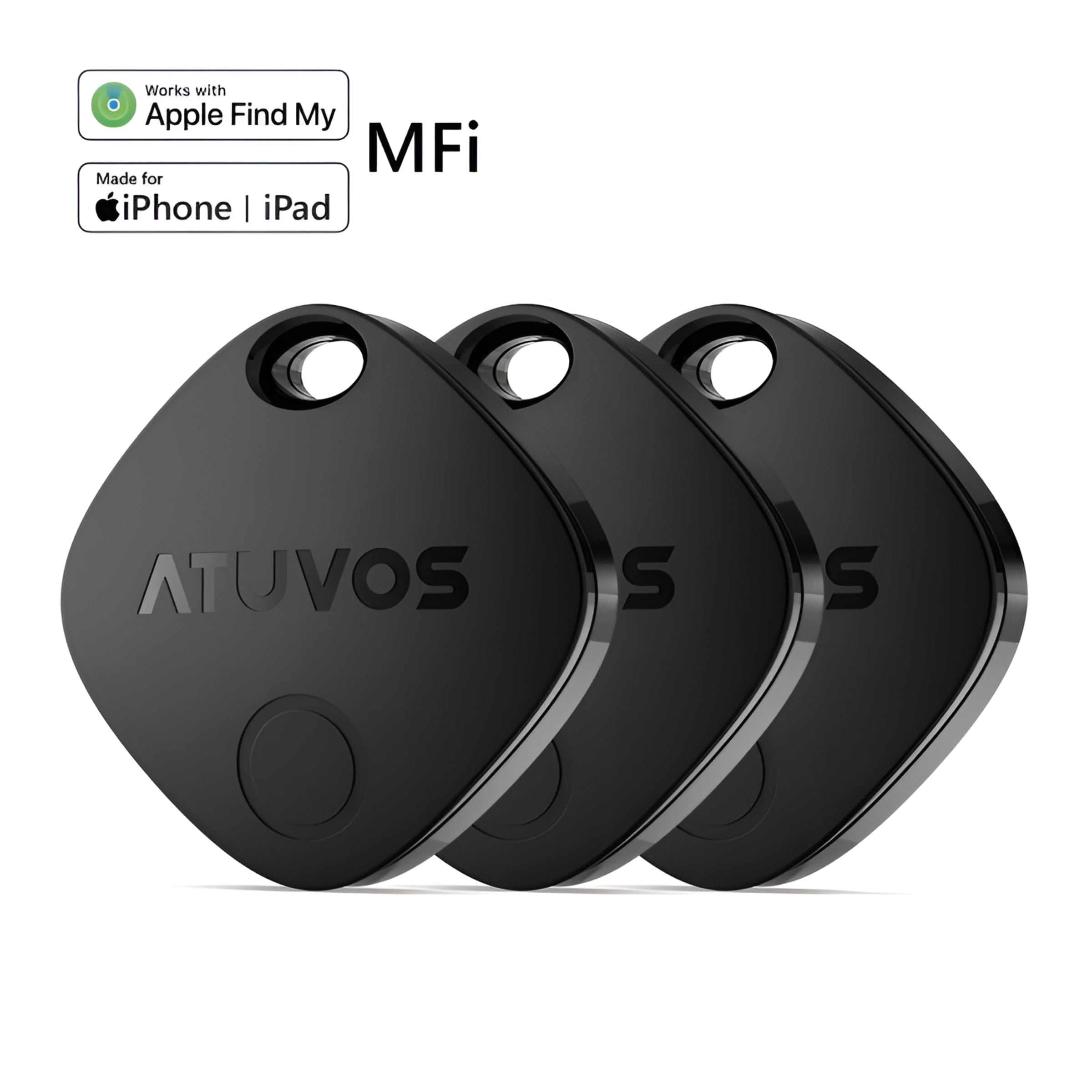 Three black Atuvos Tracker Bluetooth tags compatible with Apple Find My app for item tracking