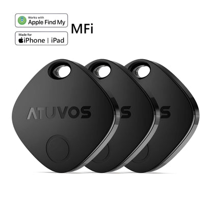 Three black Atuvos Tracker Bluetooth tags compatible with Apple Find My app for item tracking