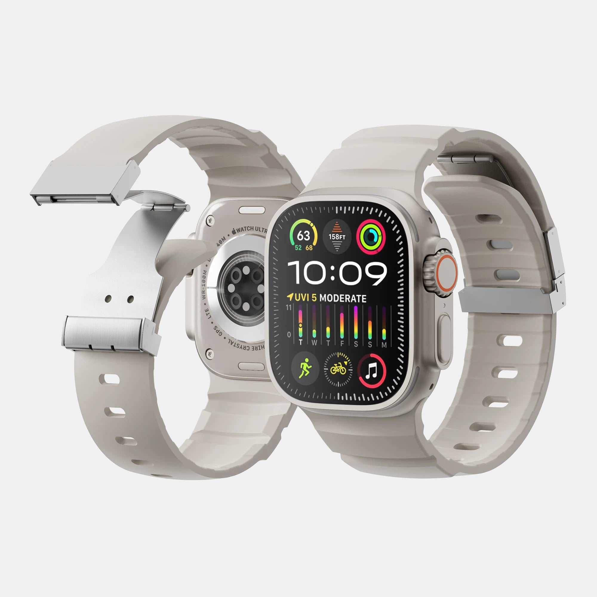 Apple Watch strap in soft silicone with magnetic low-profile clasp — front view