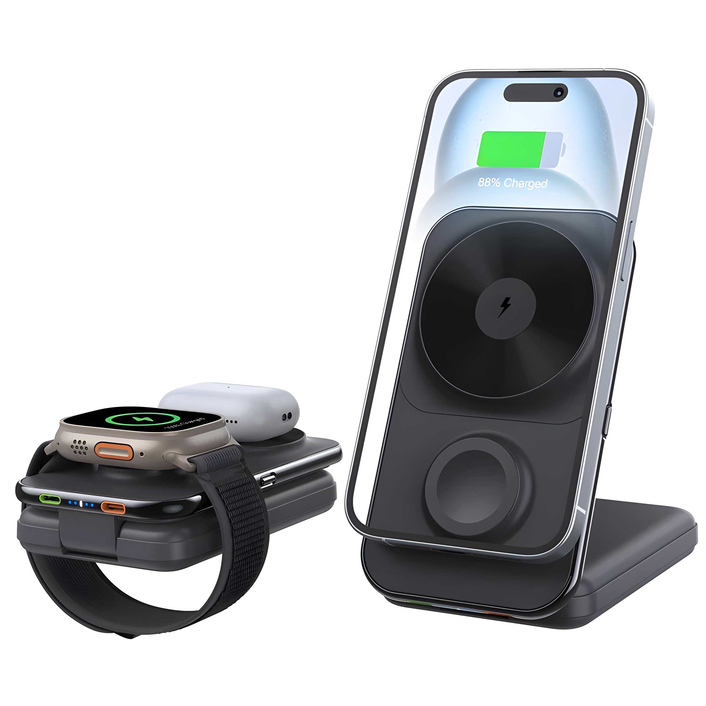 MagSafe charging station with tri-fold design charging iPhone, Apple Watch, and AirPods simultaneously