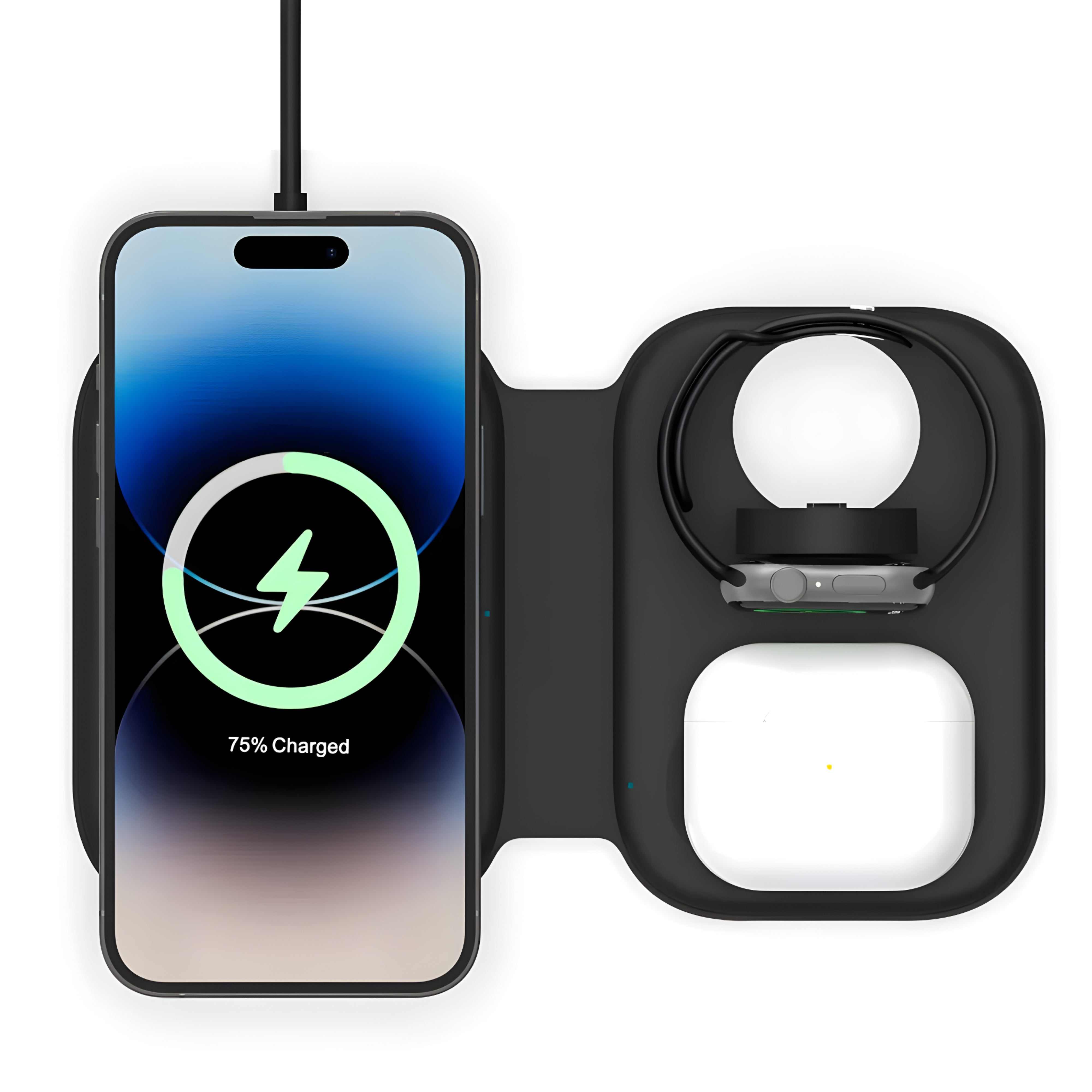 MagSafe charging station close-up of Apple Watch puck and magnetic phone ring
