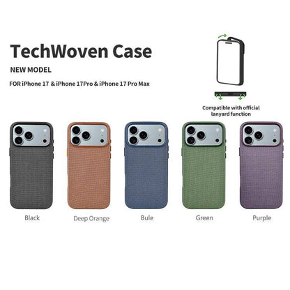 Novoa TechWoven iPhone 17 Case in Black, Deep Orange, Blue, Green, and Purple with linen texture and lanyard compatibility