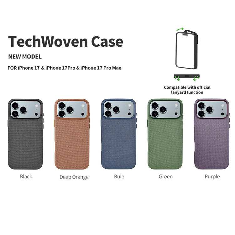 Novoa TechWoven iPhone 17 Case in Black, Deep Orange, Blue, Green, and Purple with linen texture and lanyard compatibility