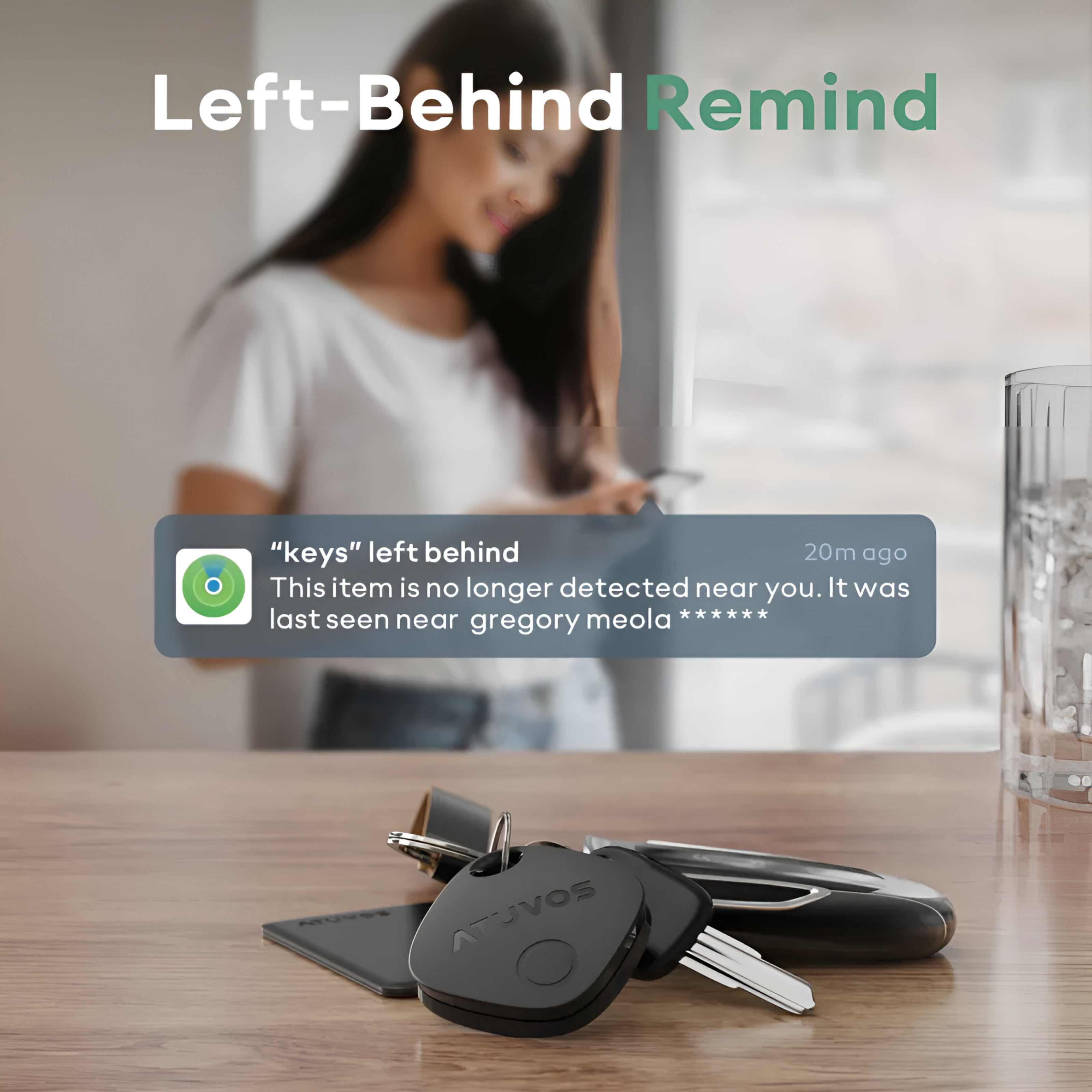 Atuvos Tracker slim Bluetooth tag attached to keys for easy tracking with Apple’s Find My app