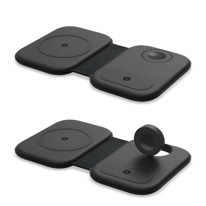 MagSafe charging station opened flat charging phone, watch and earbuds