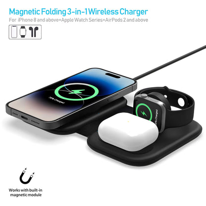 MagSafe charging station overhead view with phone on 15W pad plus watch and earbuds areas