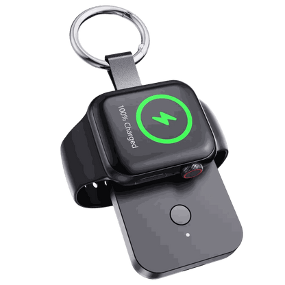 Compact for Apple Watch keychain power bank with 1000mAh capacity and wireless magnetic charging.