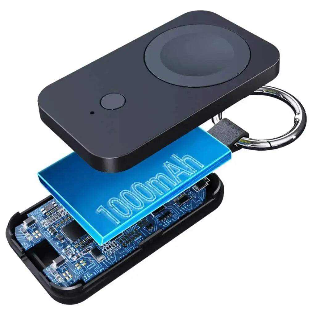 Compact black for Apple Watch keychain power bank with 1000mAh battery and wireless magnetic charging pad