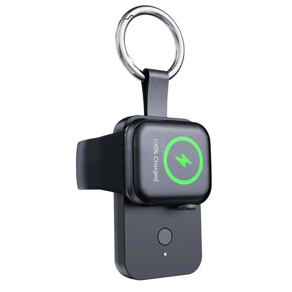 Compact for Apple Watch keychain power bank with 1000mAh battery and wireless magnetic charging.