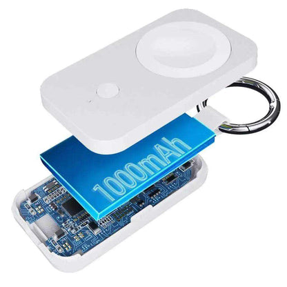White for Apple Watch keychain power bank with 1000mAh capacity and wireless magnetic charging pad.