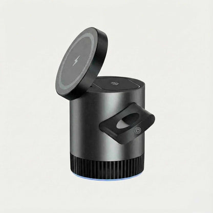 Black wireless charging device on a light gray background