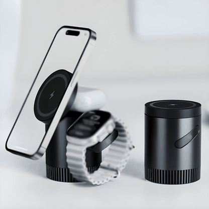 Compact 3-in-1 Magnetic Charging Dock with iPhone, Apple Watch, and AirPods charging on sleek black stand