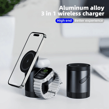 Compact 3-in-1 Magnetic charging dock in black aluminum alloy for iPhone, Apple Watch, and AirPods with 15W wireless charging and stable weighted base