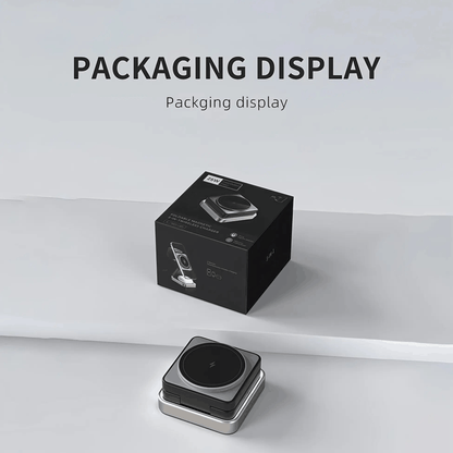 Black packaging box with a wireless charger on a light gray background