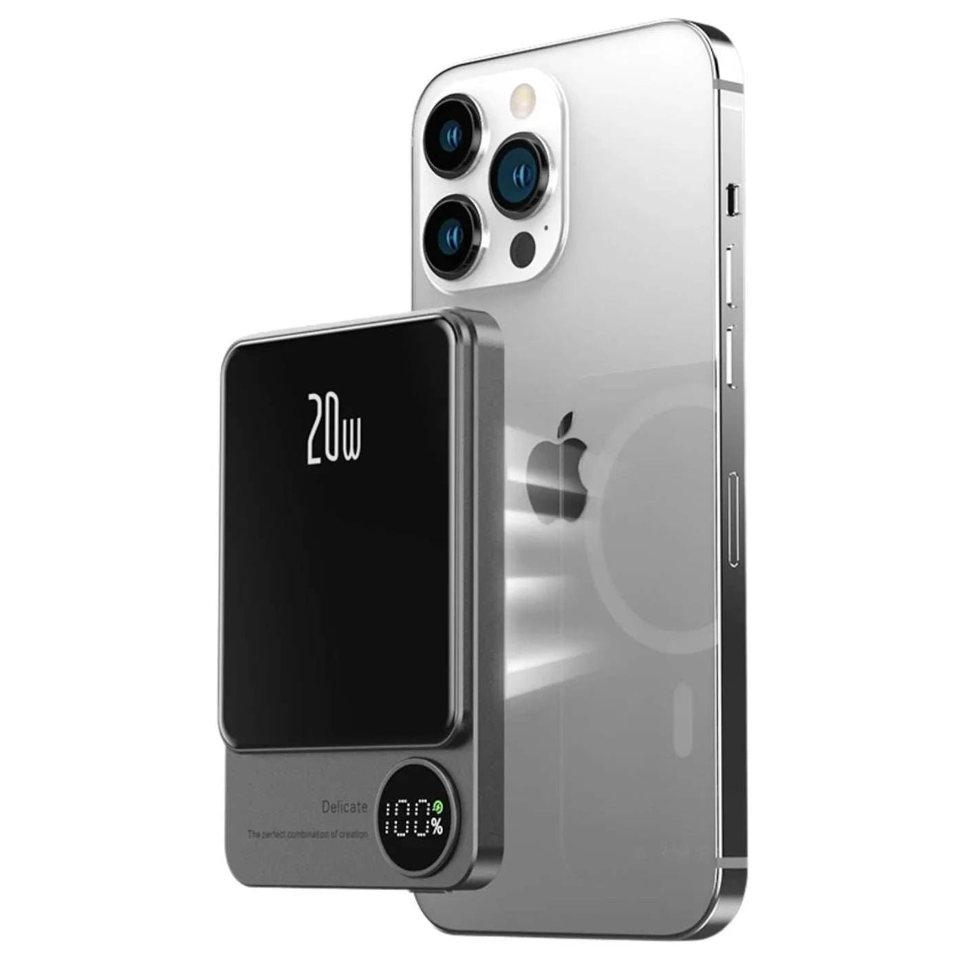 Smartphone with a wireless charging pad displaying '20W' on a white background