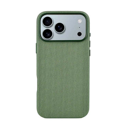 Green linen-textured Novoa FineCase 17 for iPhone 17 with shock-absorbent frame and MagSafe compatibility